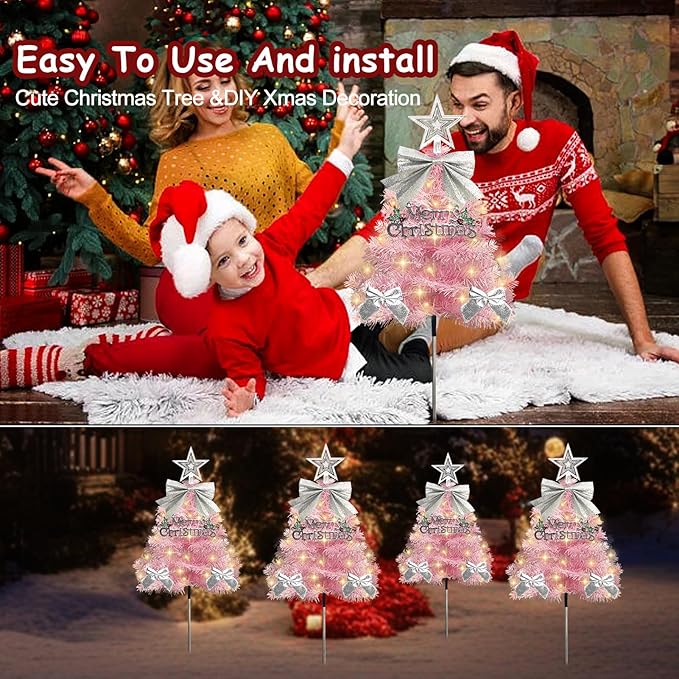 4 Pack Christmas Tree Solar Pathway Lights Outdoor Decorations, Waterproof Artificial Mini Xmas Tree Stake Lights with DIY Ornamets for Garden Yard Porch Decor (Pink Tree)