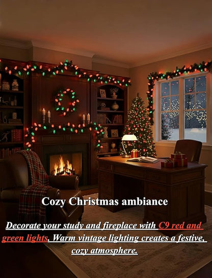 25ft Red and Green Outdoor Christmas Lights,C9 Vintage Christmas String Lights with 26 Red Green Bulbs(1 Spare),Waterproof Hanging Christmas Lights for Roofline Tree Backyard Decor