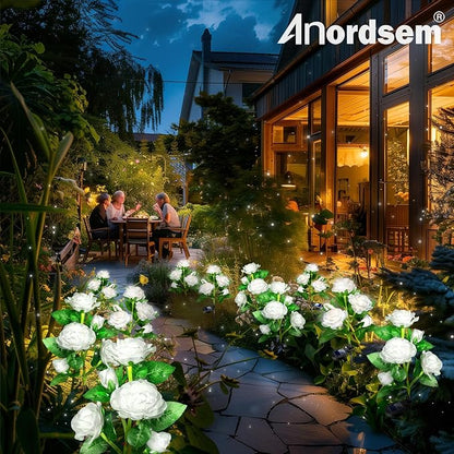 Anordsem Solar Garden Lights Outdoor: 10 Artificial Fabric White Roses Flowers 2 Pack- LED Flower Decorations for Cemetery Grave Pathway Yard- Birthday Gifts for Women, Wife and Mother