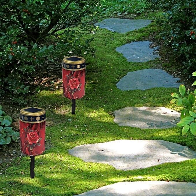 Red Rose Solar Lights Outdoor Decorative Solar Garden Lights Solar Outdoor Pathway Lights LED Solar Powered Light Landscape Solar Light Read Light Flameless Candle