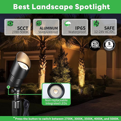 Landscape Spotlights Low Voltage - Warm & Cool White Adjustable Temp Uplight, Outdoor 12V LED Spot Lights, Wired IP65 Waterproof Aluminum, Black for Exterior House Tree Garden Yard