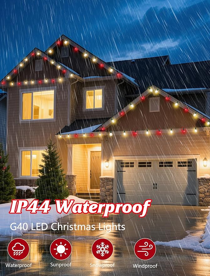 SUNSGNE G40 LED Christmas Globe Lights - 50FT Xmas Lights with 25 LED Frosted Red and White Christmas Bulbs for Indoor Outdoor Holiday Party Roofline Backyard Garden Patio Tree Decoration