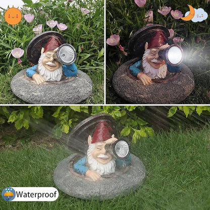 Solar Garden Gnomes Statue - Funny Dwarf Statue Hiding Under a Manhole Cover, Solar Outdoor Garden Decor for Yard, Lawn, Patio - Gnomes Figurine Ideal for Garden Lovers & Holiday Giving