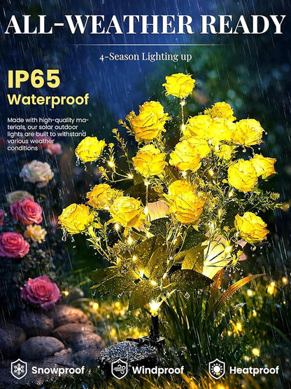 GIGALUMI Solar Lights Outdoor for Garden Decor, 4 Pack Solar Flower Lights Waterproof, 2 Lighting Modes 28 Rose Flowers for Pathway,Yard, Patio Decoration, Gardening Gifts for Women (Yellow)