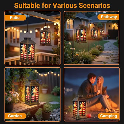 Solar Lantern Outdoor Waterproof Christian Cross American Retro Patriotic Independence Day 4th July Garden Decor LED Solar Lights Hanging/Tabletop Lamp Gifts for Women Mom for Outside Yard Patio