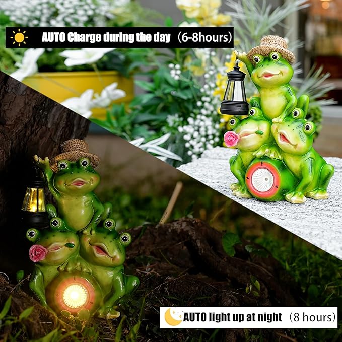 Solar Frog Family Garden Statue Figurines with Lantern & LED Light – Cute Solar Yard Decor for Lawn, Patio & Outdoor Pathway(Family Frogs)