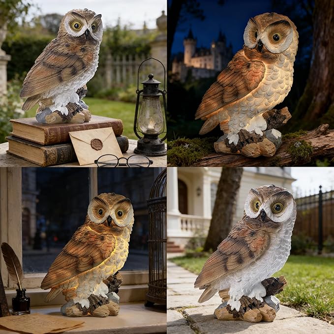 Solar Owl Garden Outdoor Statue,Owl Figurine Sculpture with LED Lights for Porch Patio Lawn Yard Deck Spring Decor - Ideal Easter Day Housewarming Christmas Gift for Women Men Owl Lover(Brown)