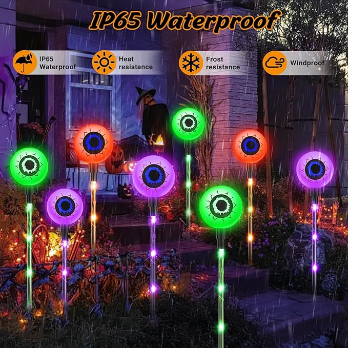 2025 Upgraded 12 Pack Halloween Solar Eyeball Lights Outdoor Decorations: 8 Modes Multicolor Waterproof Halloween Pathway Lights, Orange Purple Green Colorful LED Scary Light for Garden, Yard Decor
