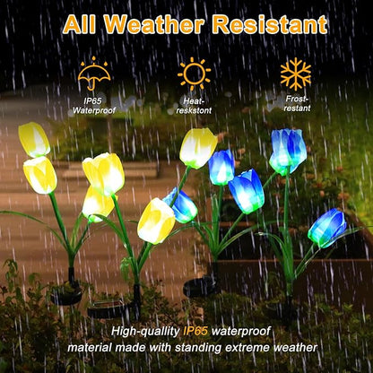 Garden 4 Pack LED Solar Flower Lights with More Realistic Tulips Flowers Solar Garden Lights Outdoor Waterproof for Yard Patio Lawn Pathway Walkway Decoration Yellow & Blue Combo