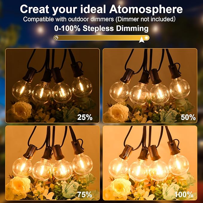 100ft 2-Pack Outdoor String Lights,Dimmable G40 LED String Lights with 52 Shatterproof Clear Bulbs UL Approval | Lumora