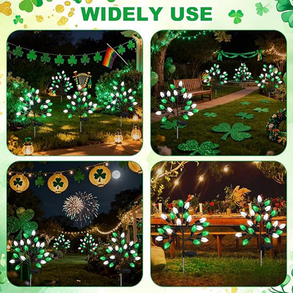 4 Pcs ST Patricks Day Solar Pathway Lights Outdoor Decorations 28" Irish Shamrock Stake Light Waterproof Yard 8 Modes 80 LEDs Green White Tree for Walkway Path Garden Patio Decor