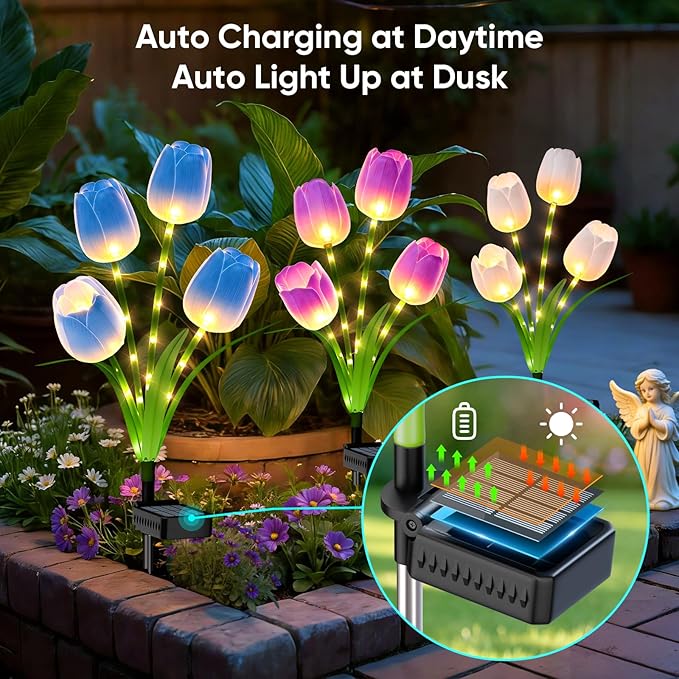 Solar Tulip Lights Outdoor: 3-Pack Solar Flower Garden Lights with Bendable Stems - IP65 Waterproof 800mAh for 12H Lighting - Auto On/Off Garden Decor - Gifts for Mom - Blue Purple White
