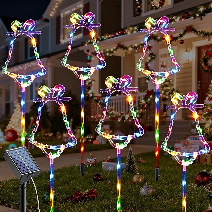6 Packs Christmas Bell Solar Garden Lights with 8 Light Modes, 21.65 Inches Tall Christmas Outdoor Light with 20 LEDs Each, Solar Outdoor Xmas Decor for Garden, Path, Patio (Multiple-Colored)