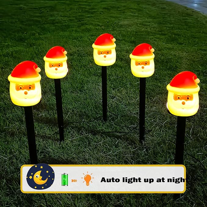 FANFX Christmas Solar Powered Lights, Pathway Markers Walkway Lights with Automatic Charging/Lighting, Xmas Waterproof Decorations for Outdoor Pathway Garden Yard Patio（5PCS Santa）
