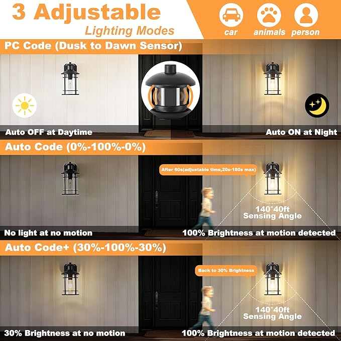 OKELI Patio Wall Light Fixture with Dual GFCI Outlets, Outdoor Light with Outlet, Motion Sensor Dusk-to-Dawn, Vintage Industrial Black Lantern, for Porch Patio Garage (2 Pack)