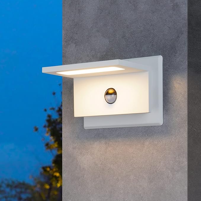 Motion Sensor Outdoor Wall Light 2 Pack White LED Exterior Porch Light Fixture for House Garage Patio Modern Wall Mount Lamp IP54 Waterproof 680LM 10W