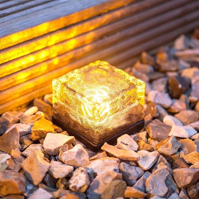 2 Pack Solar Path Ice Cube Lights Outdoor, Waterproof Garden Glass Path Light Solar Ice Light Crystal Brick Landscape Light (Warm)
