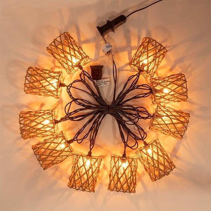 Decorative String Lights Plug in with 10 Incandescent Bulbs, Handwoven Rattan Cylinder-shaped Boho Lantern String Lights Connectable Weatherproof Outdoor Indoor for Bedroom Patio Pergola Decor (Beige)
