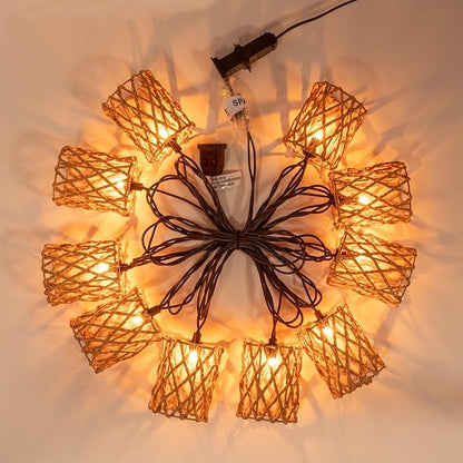 Decorative String Lights Plug in with 10 Incandescent Bulbs, Handwoven Rattan Cylinder-shaped Boho Lantern String Lights Connectable Weatherproof Outdoor Indoor for Bedroom Patio Pergola Decor (Beige)