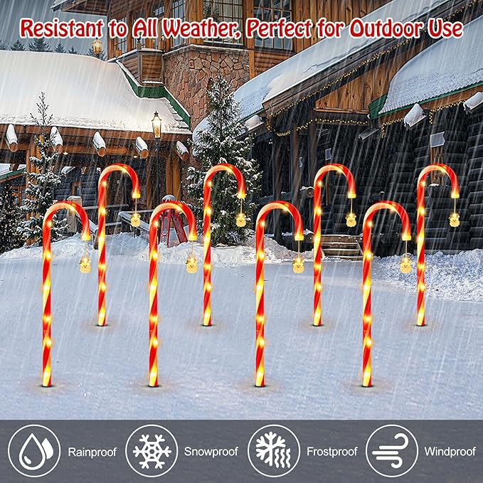 Lewondr 41" Solar Christmas Candy Cane Lights Outdoor, Upgraded Pathway Stake Lights, 8 Modes Control, 96 LED Beads, Waterproof Solar and Type-C Charging Outside Decor for Yard Patio Holiday, 8Pack