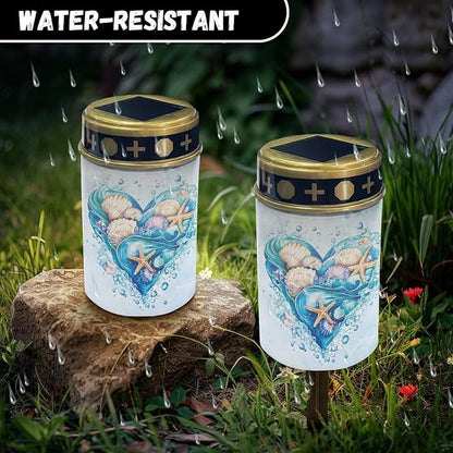 Ocean Element Solar Memorial Lights for Graves for Men Outdoor Waterproof Garden Stake Cross Lights for Grave Cemetery Garden Decor Solar Cross for Patio Pathway Memorial Decoration