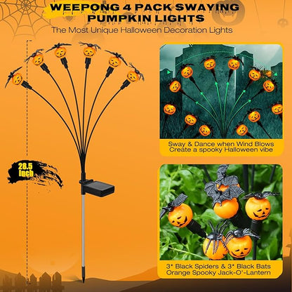 Halloween Decorations Outdoor 4 Pack Solar Lights, 24 LED Scary Pumpkin Swaying Firefly Lights with Spider & Bats for Outside Garden Yard Lawn Grave Cemetery Ghost Decor Party, Orange