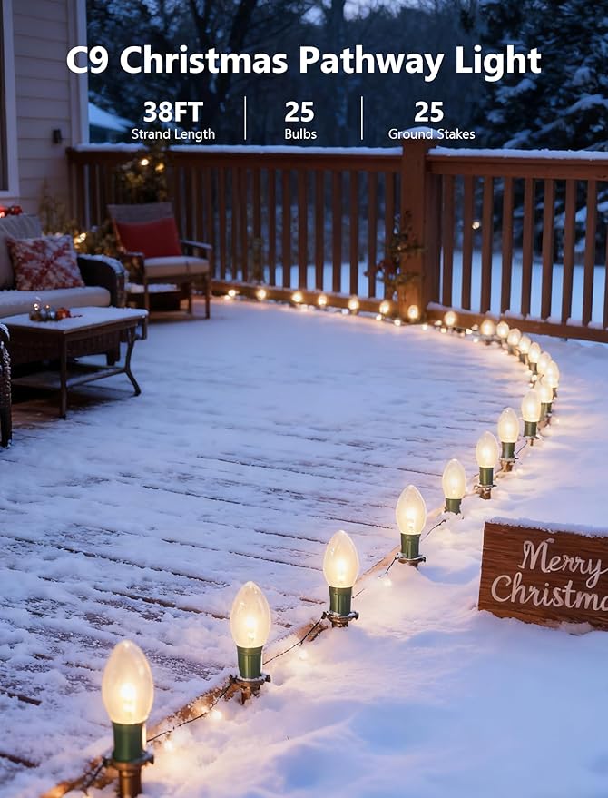 C9 Christmas Pathway Lights Outdoor, 38Ft Outside Christmas Decorations with 25 7W Clear Bulbs and Stakes | Lumora