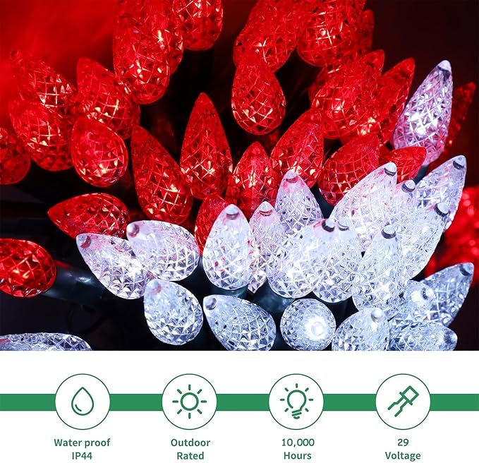 WATERGLIDE C6 Valentines Lights, 100 LED 33ft Faceted Fairy Lights Green Wire Christmas String Lights with Safe Adaptor, 8 Lighting Mode, Waterproof for Indoor Outdoor Patio Party Decor, White & Red