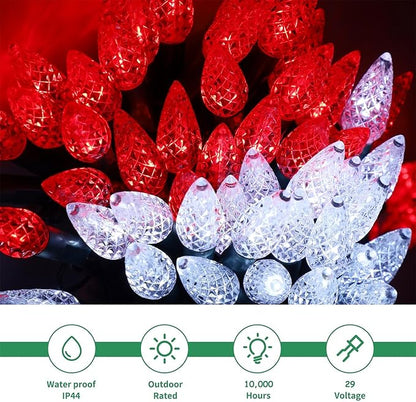 WATERGLIDE C6 Valentines Lights, 100 LED 33ft Faceted Fairy Lights Green Wire Christmas String Lights with Safe Adaptor, 8 Lighting Mode, Waterproof for Indoor Outdoor Patio Party Decor, White & Red