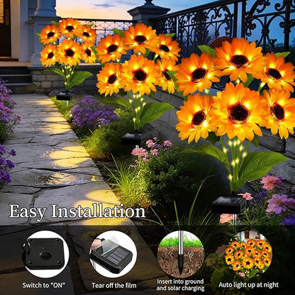Solar Garden Lights Outdoor, 4 Pack Solar Sunflower Lights with 18 Head 3.4 Inch Flowers, Waterproof Flowers Light Fall Decor Auto ON/Off for Garden Yard Patio Backyard, Gifts for Mom Women