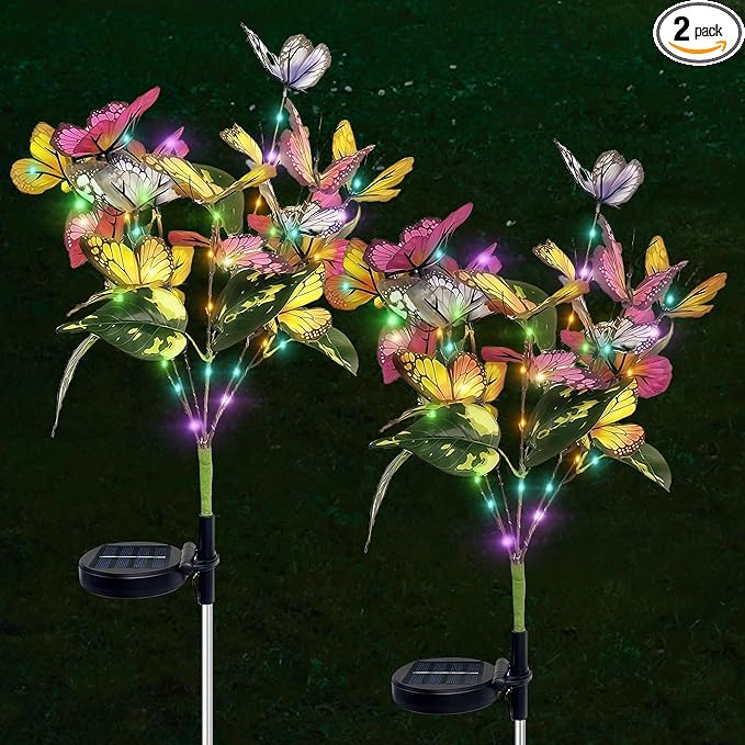 Solar Lights Outdoor,2 Pack Blooming Butterfly Decorations Flowers,Outdoor Waterproof Landscape Lights for Yard Patio Lawn Garden Decor,Gifts for Women Mother's Day