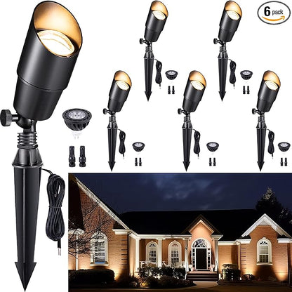 Gardenreet Solid Brass Spot Lights - Black Low Voltage Landscape Spotlight Outdoor, 12V LED Uplights Wired, Waterproof Electric for Patio Wall with 2700K Warm White MR16 Bulb (6 Pack)