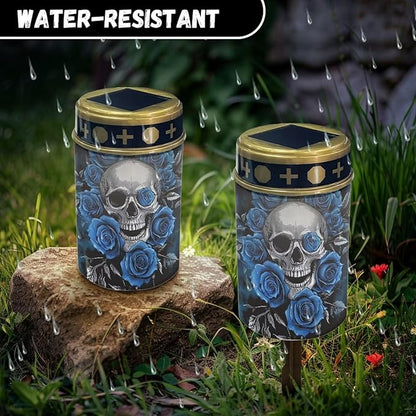 HUGS IDEA Gothic Skull Solar Grave Lights Blue Rose Solar Lights Outdoor Garden Stake Dark Elegance ABS Decor Waterproof Garden Lanterns for Yard Patios