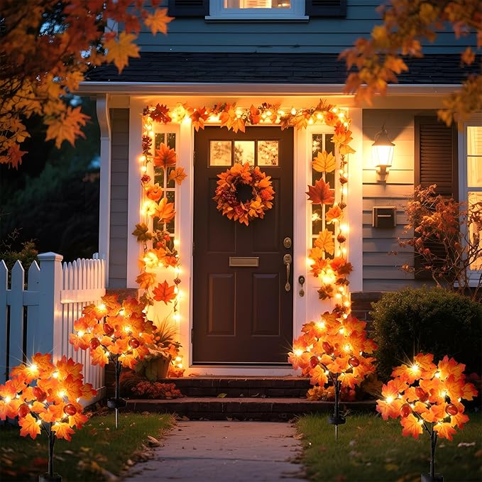 Capoda 2 Pack Fall Solar Lights Decorations Maple Leaf Led Outdoor Waterproof Solar Lights Decor for Autumn Thanksgiving Harvest Party Outside Home Yard Garden Porch Pathway Decor Supplies