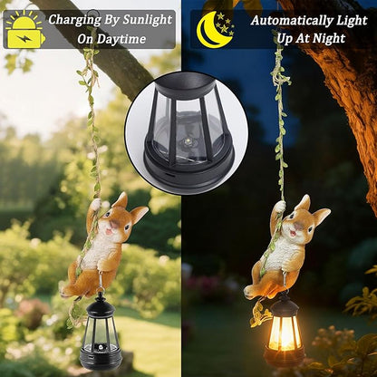 Solar Hanging Bunny Rabbit Statue, Easter Outdoor Resin Animal Figurine with LED Lights for Garden, Fence, Porch, Patio, Yard Decor, Dusk to Dawn Auto On/Off