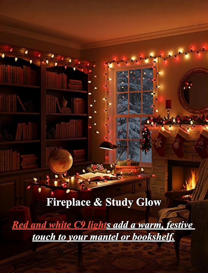 25ft C9 Red and White Christmas Lights,Waterproof C9 Christmas String Lights with 26 Red White Bulbs,Commercial Xmas Lights Outdoor for Garden House Xmas Garland Tree Decorations