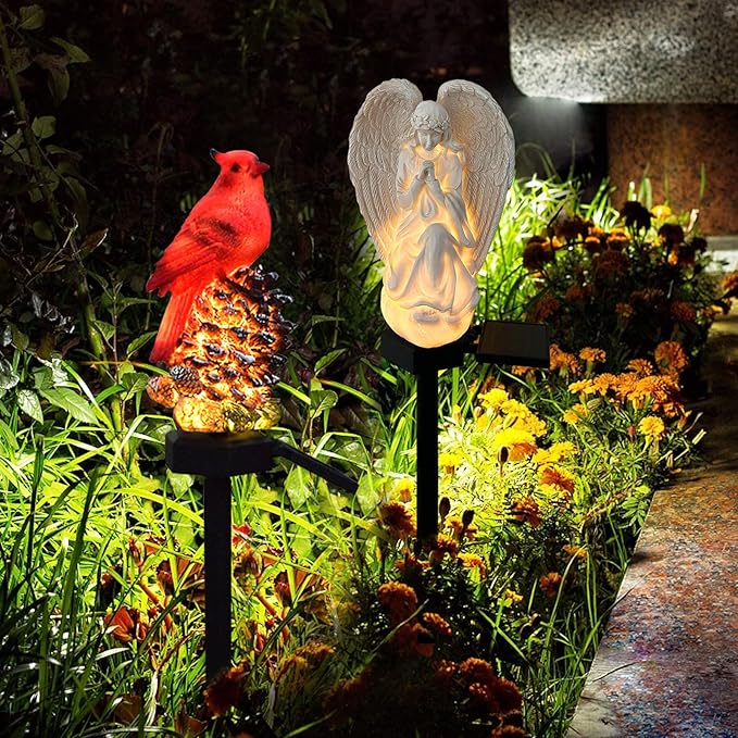 Solar Garden Angel/Cardinal Lights, Waterproof Outdoor Garden Statue Decorations Solar Lights for Cemetery Gravesite Grave Outside Yard Patio Lawn Porch
