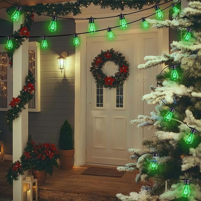 LED Outdoor String Lights, 50FT Patio Lights with 16Pcs Shatterproof S14 Bulb(1 Spare),4 Lighting Mode, Connectable, Waterproof Green Edison Plastic Bulb Hanging Light for Yard Gazebo Porch Décor