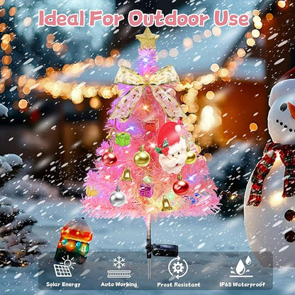 4 Pcs Solar Christmas Tree Pink, Outdoor Christmas Decorations, 80 LED Waterproof Solar Christmas Lights, Multicolor Xmas Tree Lights for Outside Holiday Pathway Yard Garden Patio Cemetery Decor