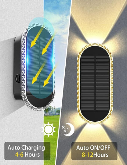 Solar Fence Lights Outdoor, Warm White & RGB 8 Modes Solar Wall Lights Outdoor Waterproof, Up&Down Dual-Head Outdoor Solar Lights for Yard House Fence Backyard Deck Garden Patio Porch, 4 PK