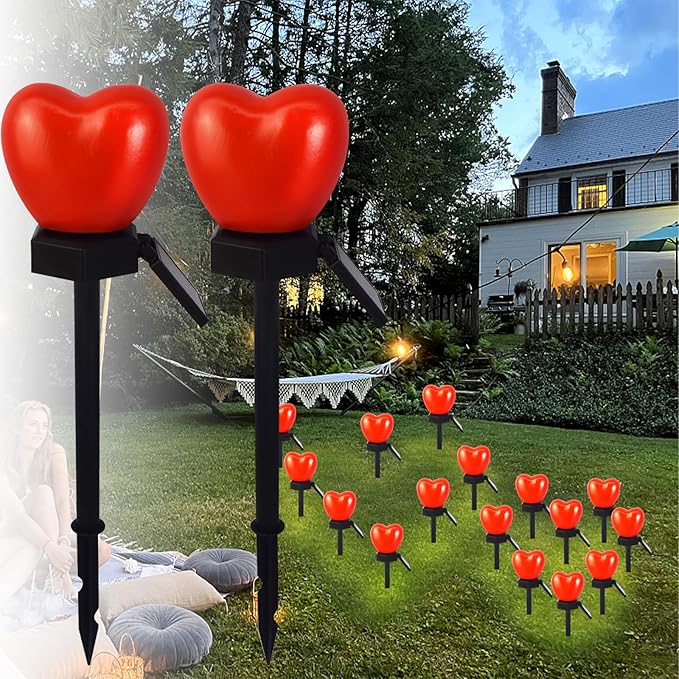 Valentine's Day Red Heart Solar Lights Outdoor, 2Pcs Waterproof Valentine's Day Solar Garden Lights LED Heart Lights Wedding Decorations for Yard Walkway Outside