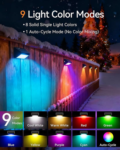 Solar Fence Lights Outdoor, 6 Pack Ultra-Bright 100 Lumens Fence Lights Solar Powered, IP65 Waterproof, 9 Color Modes, 12+ Hours Lighting Decor for Backyard/Patio/Deck/Wall/Pool