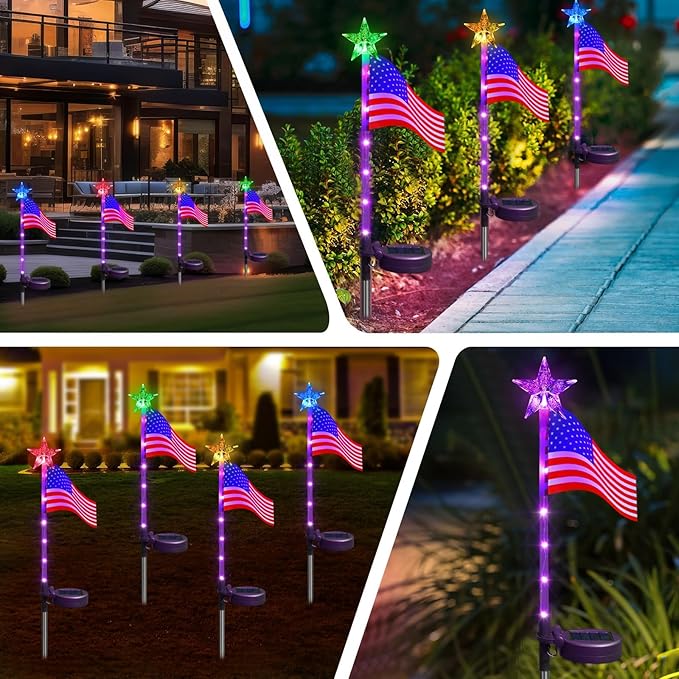 US Flag Solar Garden Lights, 4 Pack 24 LED 7 Color Changing American Flag Landscape Light, 4th of July Outdoor Decor Star Solar Stake Lights for Yard Patio Walkway Pathway (4)