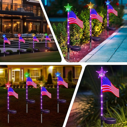 US Flag Solar Garden Lights, 4 Pack 24 LED 7 Color Changing American Flag Landscape Light, 4th of July Outdoor Decor Star Solar Stake Lights for Yard Patio Walkway Pathway (4)