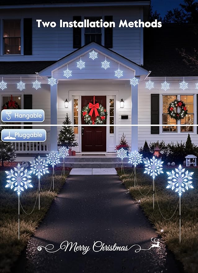 Brightown Snowflake Lights Outdoor, 10 Large Snowflake Christmas Pathway Lights, Christmas Decorations Outside Yard Sidewalk Walkway Driveway Marker Garden Lawn Stakes with LED Lights, White