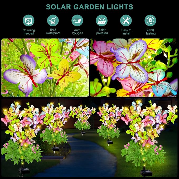 Butterfly Solar Garden Lights Outdoor, 2 Pack Solar Flower Garden Decor, Waterproof Decorative Lights for Outside | Lumora