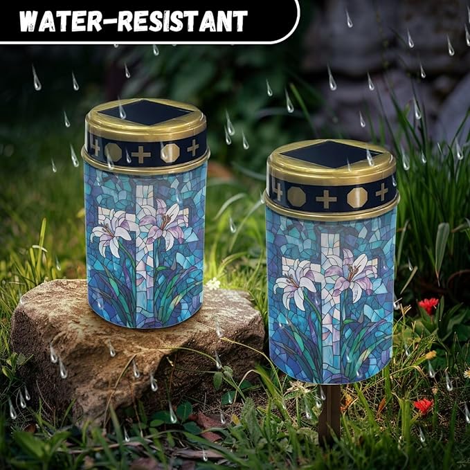 Cemetery Solar Lights for Grave, Cross Lily Pattern Outdoor Decor, Outdoor Garden Waterproof Path Lights for Night | Lumora