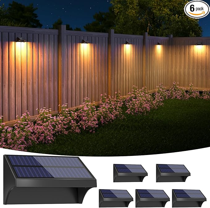 NIORSUN Outdoor Fence Lights, 6 Pack Waterproof LED Solar Fence Lights with 1500mAh Battery, Warm White/Cool White/RGB, Easy-to-Install Wall Light for Deck, Patio, Railing, Stairs, Backyard – Black