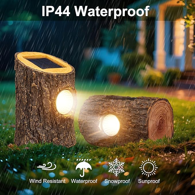 2 Pack Solar Tree Stump Lights Outdoor, Waterproof Solar Spot Garden Lights, Auto On/Off Warm LED Decorative Landscape Lighting for Yard Lawn Patio Pathway Walkway
