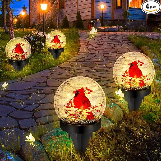 WILLBOND 4 Pcs Cardinal Bird Solar Light Outdoor Glass Ball Red Bird Solar Globe Ground Lights Christmas Lawn Garden Pathway Yard Ornaments for Patio Porch Decorations Mom Gift